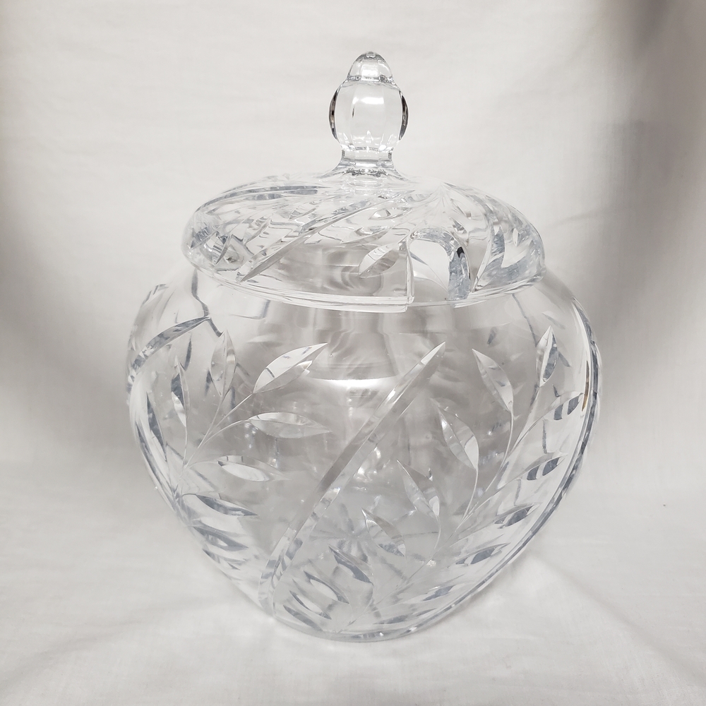 Vintage Etched Glass Lidded Punch Bowl Heavy 12 X 12 Inches